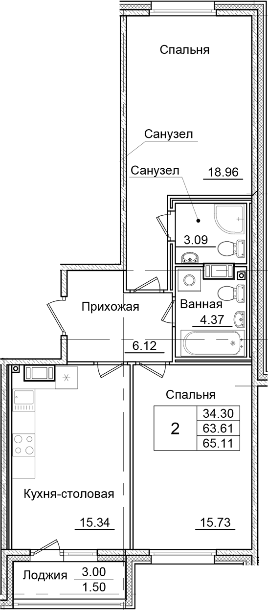 2-комнатная квартира 65.11 м², 8/9 эт., ЖК «Квартал Заречье»